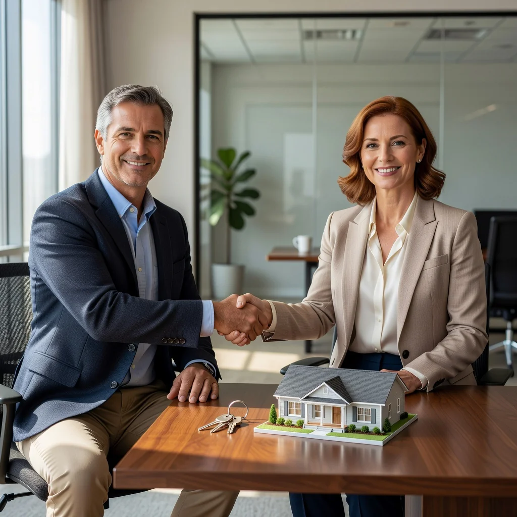 A photorealistic image of two professional adults, a buyer and a seller, shaking hands over a table with property keys and a house model in the background, symbolizing a successful real estate purchase agreement without any legal documents visible.
