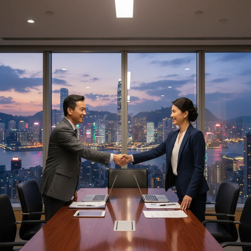 A photorealistic image of two professional adults shaking hands in a modern Hong Kong office, symbolizing a successful business transaction or property sale agreement, with a city skyline view in the background to evoke the Hong Kong business environment.