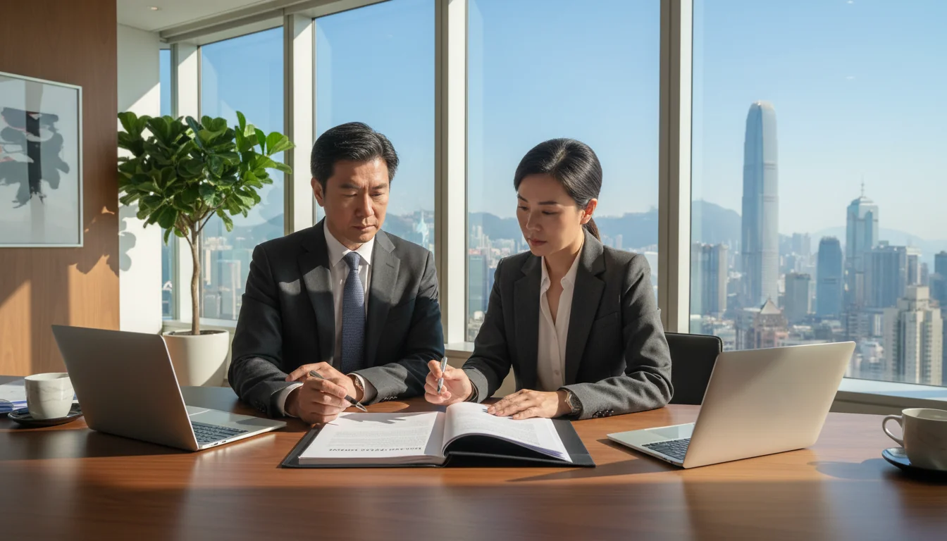 Two adults reviewing contract in office