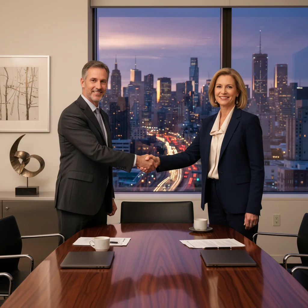 A photorealistic image depicting two adult professionals in a modern conference room, shaking hands over a conference table with a city skyline visible through the window, symbolizing a successful business agreement or real estate transaction in the United States. The focus is on the handshake and expressions of agreement, conveying trust and partnership.