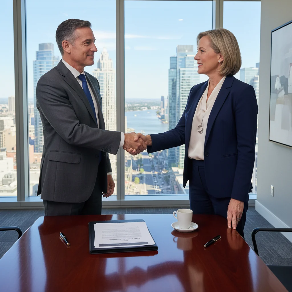 A photorealistic image of two professional adults, a buyer and a seller, shaking hands across a conference table in a modern office, symbolizing the agreement and completion of a business transaction in the US, with elements like a city skyline view in the background to evoke American business environment.