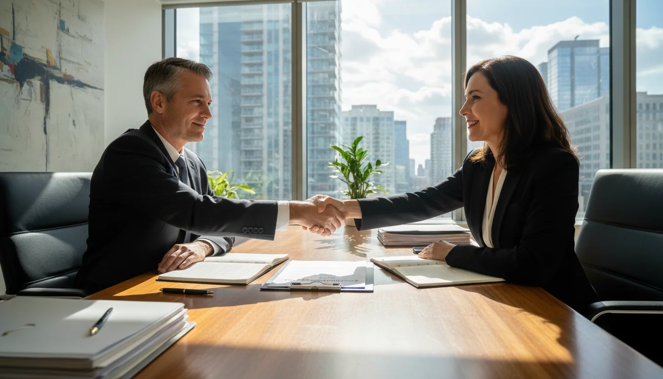 Business professionals signing agreement