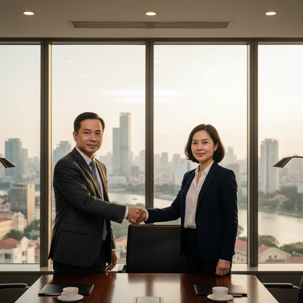 A professional business meeting in a modern Vietnamese office where two adults are shaking hands over a table, symbolizing a successful sales agreement, with subtle Vietnamese elements like a city skyline view from the window, conveying trust and commerce without showing any legal documents.