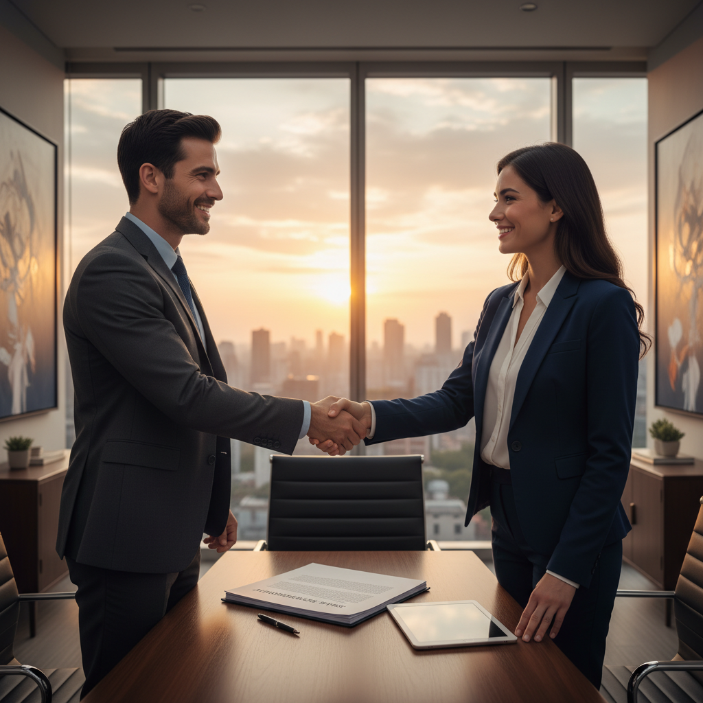 A photorealistic image depicting a professional business meeting where two adults are shaking hands over a conference table, symbolizing a successful real estate transaction agreement, with a subtle background hint of property documents but not focusing on them, conveying trust and resolution in contract dealings.
