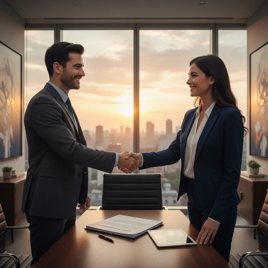 A photorealistic image depicting a professional business meeting where two adults are shaking hands over a conference table, symbolizing a successful real estate transaction agreement, with a subtle background hint of property documents but not focusing on them, conveying trust and resolution in contract dealings.