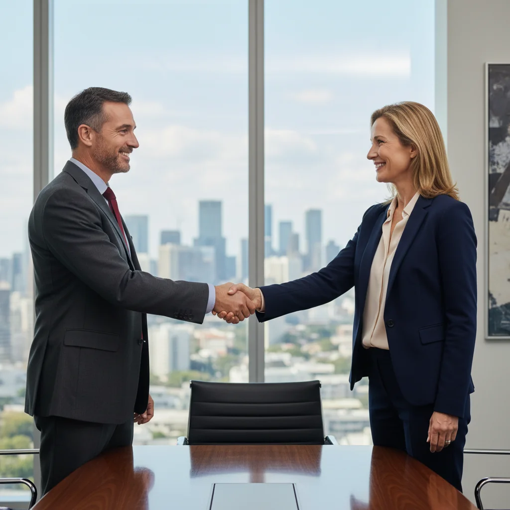 A photorealistic image of two professional adults, a buyer and a seller, shaking hands across a conference table in a modern office setting, symbolizing the successful completion of a business sale and purchase agreement, with subtle elements like a briefcase and city skyline in the background to evoke trust and professionalism in US business transactions.