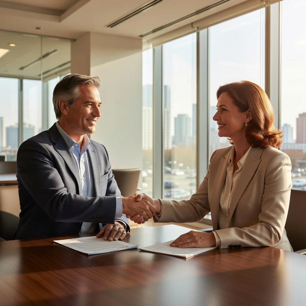 A photorealistic image of two adults shaking hands over a table in a professional office setting, symbolizing the successful completion of a purchase agreement without common mistakes, with a subtle background of a modern real estate or business environment, no legal documents visible, ensuring a positive and trustworthy atmosphere.