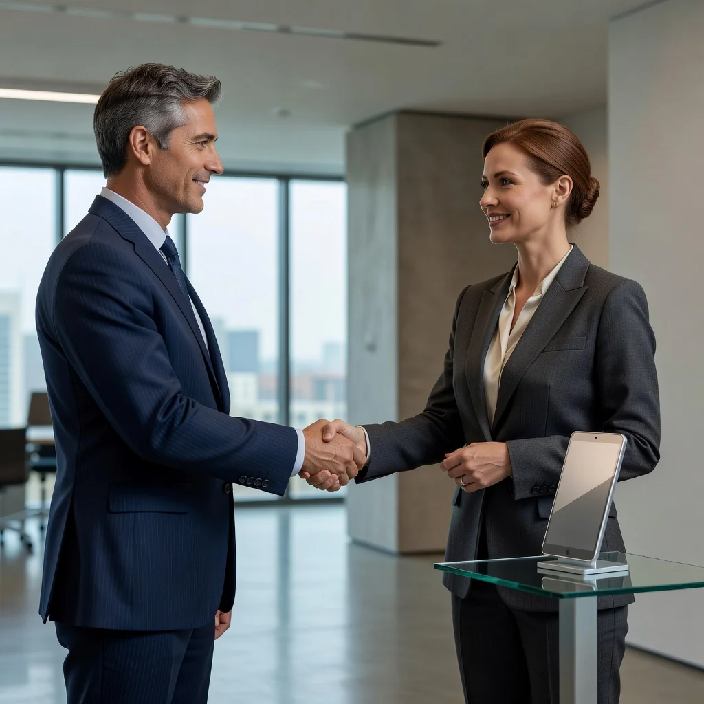 A professional business handshake between two adults sealing a sales agreement, symbolizing trust and transaction in a compraventa contract, photorealistic style.