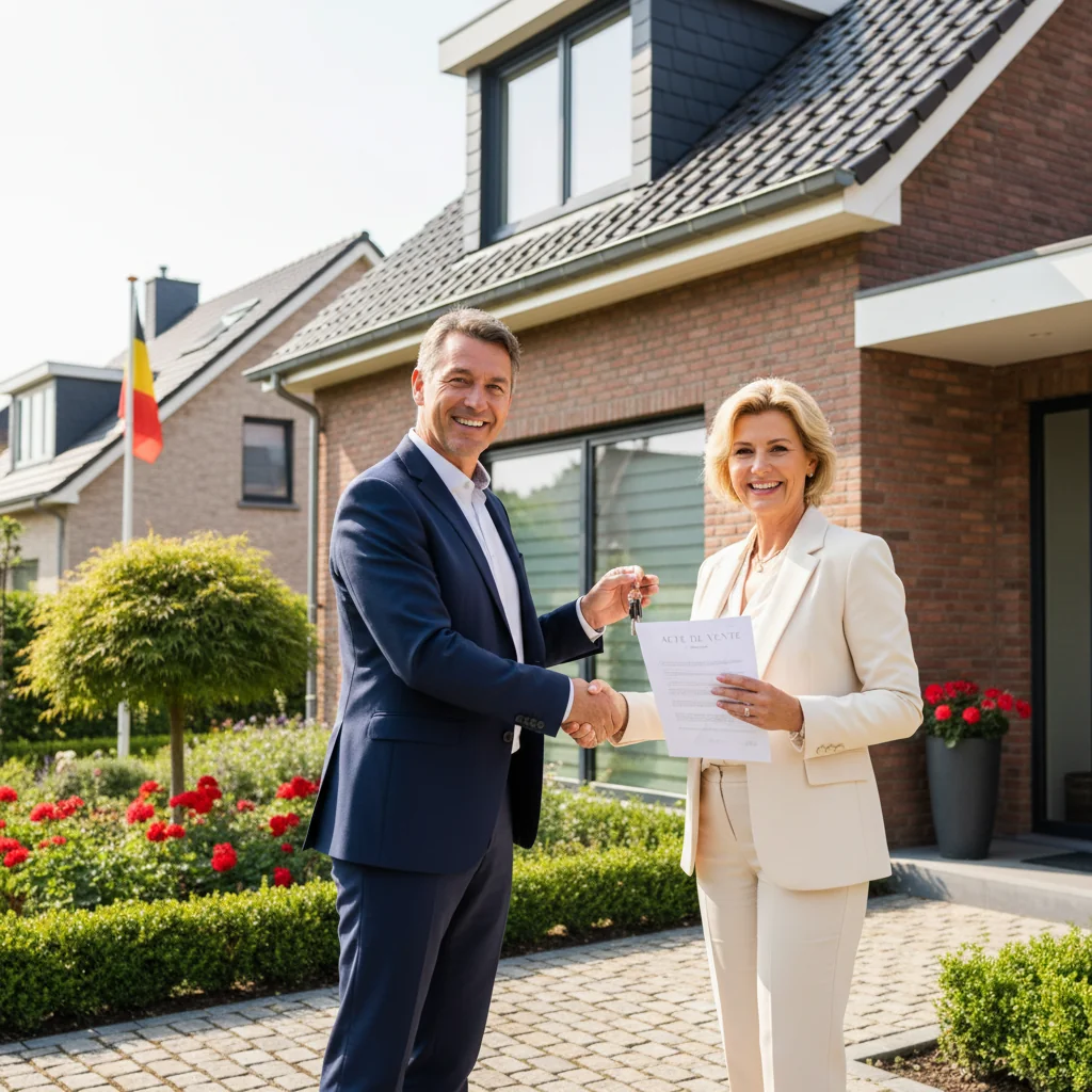 A photorealistic image depicting an adult buyer and seller shaking hands in front of a modern Belgian house, symbolizing a property sale agreement, with subtle Belgian flags or architecture in the background to evoke trust and opportunity in real estate transactions, no legal documents visible, no children present.