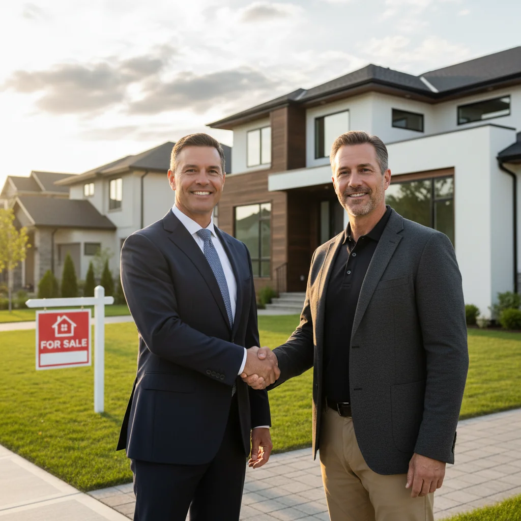 A photorealistic image of a professional real estate agent shaking hands with a satisfied adult client in front of a modern house for sale, symbolizing the promise of a real estate transaction. The scene is outdoors on a sunny day, with no children present.