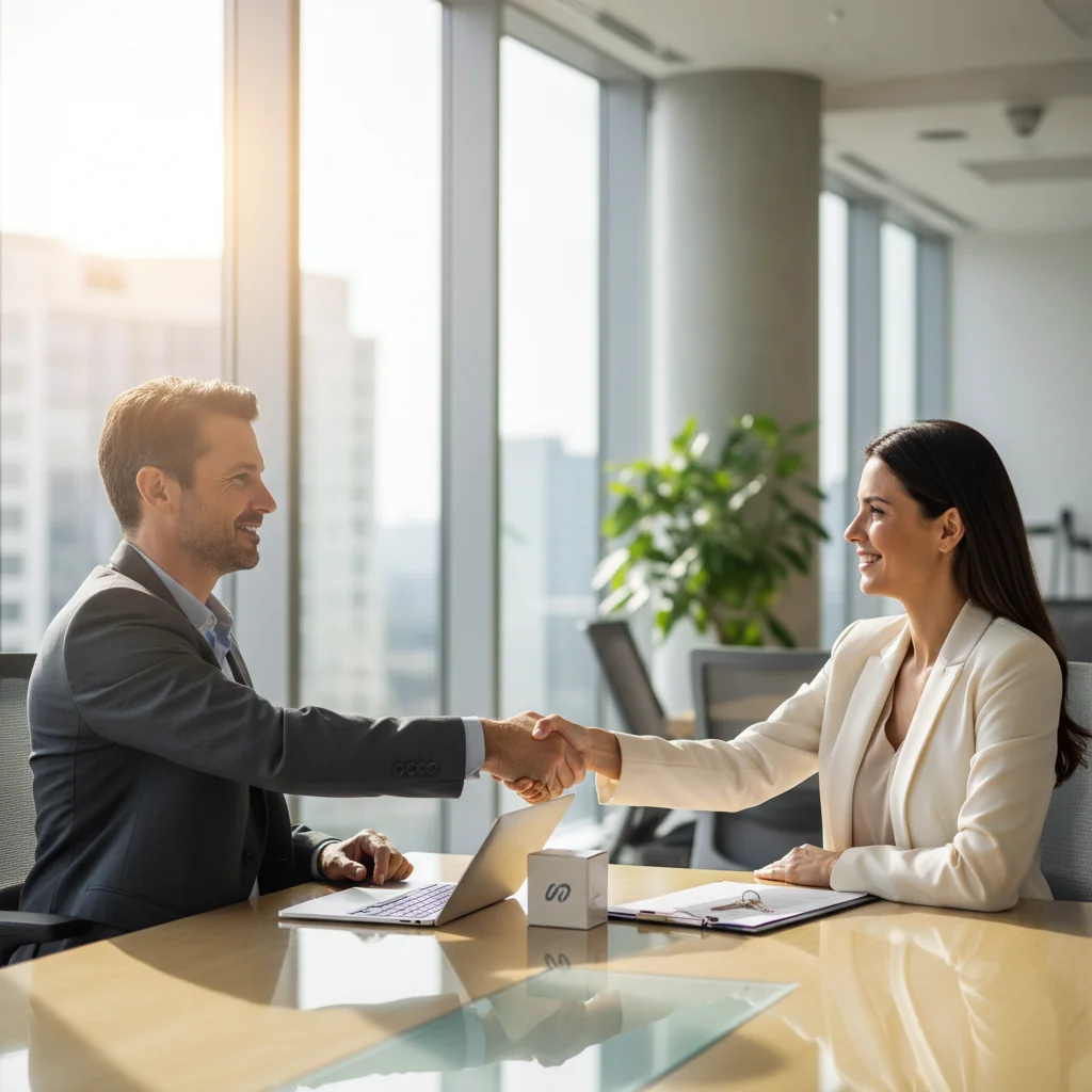A photorealistic image depicting a professional business handshake between two adults in a modern office setting, symbolizing a successful purchase and sale agreement, with elements like a product box or property keys nearby to represent the transaction, conveying trust and agreement without showing any legal documents.