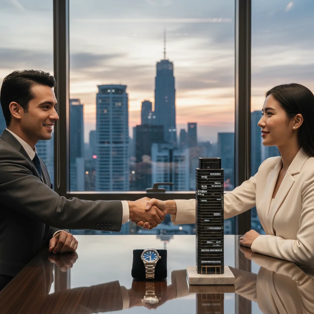 A photorealistic image depicting a professional handshake between two adults in a modern office setting, symbolizing a successful purchase and sale agreement, with elements like a product or property subtly in the background to represent the transaction, conveying trust and business partnership.