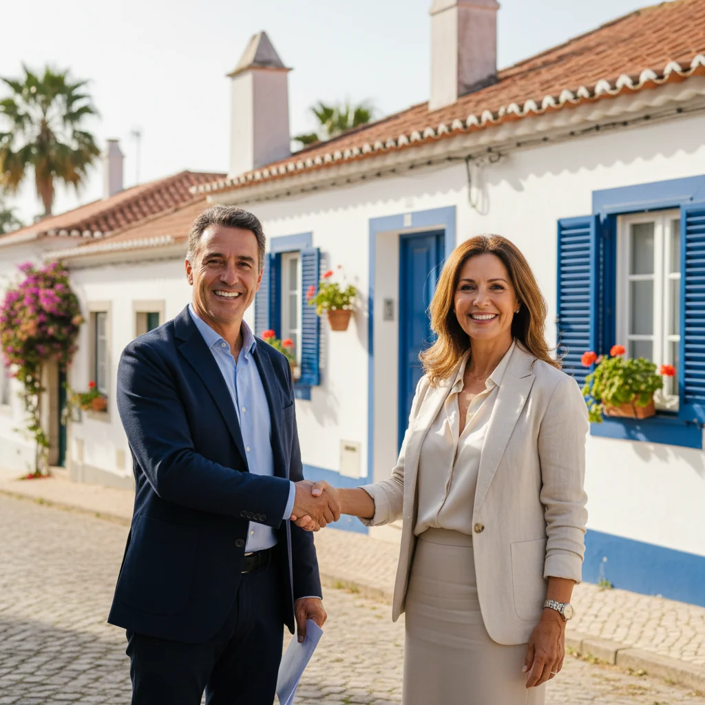 A photorealistic image depicting a professional real estate transaction in Portugal, showing two adults - a buyer and a seller - shaking hands in front of a modern Portuguese home with typical architecture, symbolizing the agreement in a purchase and sale contract, no children present.