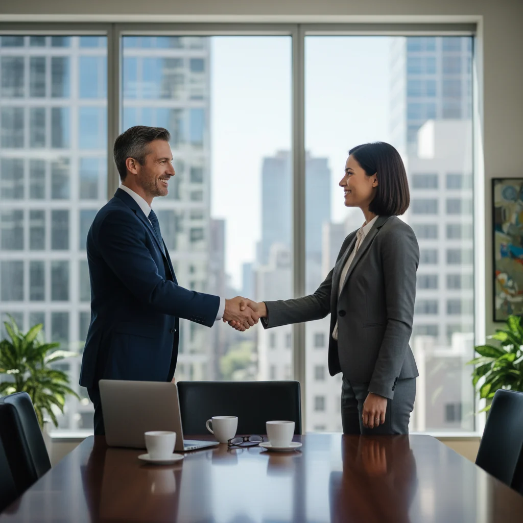 A photorealistic image of two professional adults, a buyer and a seller, shaking hands across a conference table in a modern office, symbolizing a successful business negotiation and agreement, with subtle background elements like charts or city skyline visible through windows, conveying confidence and partnership without any legal documents in focus.