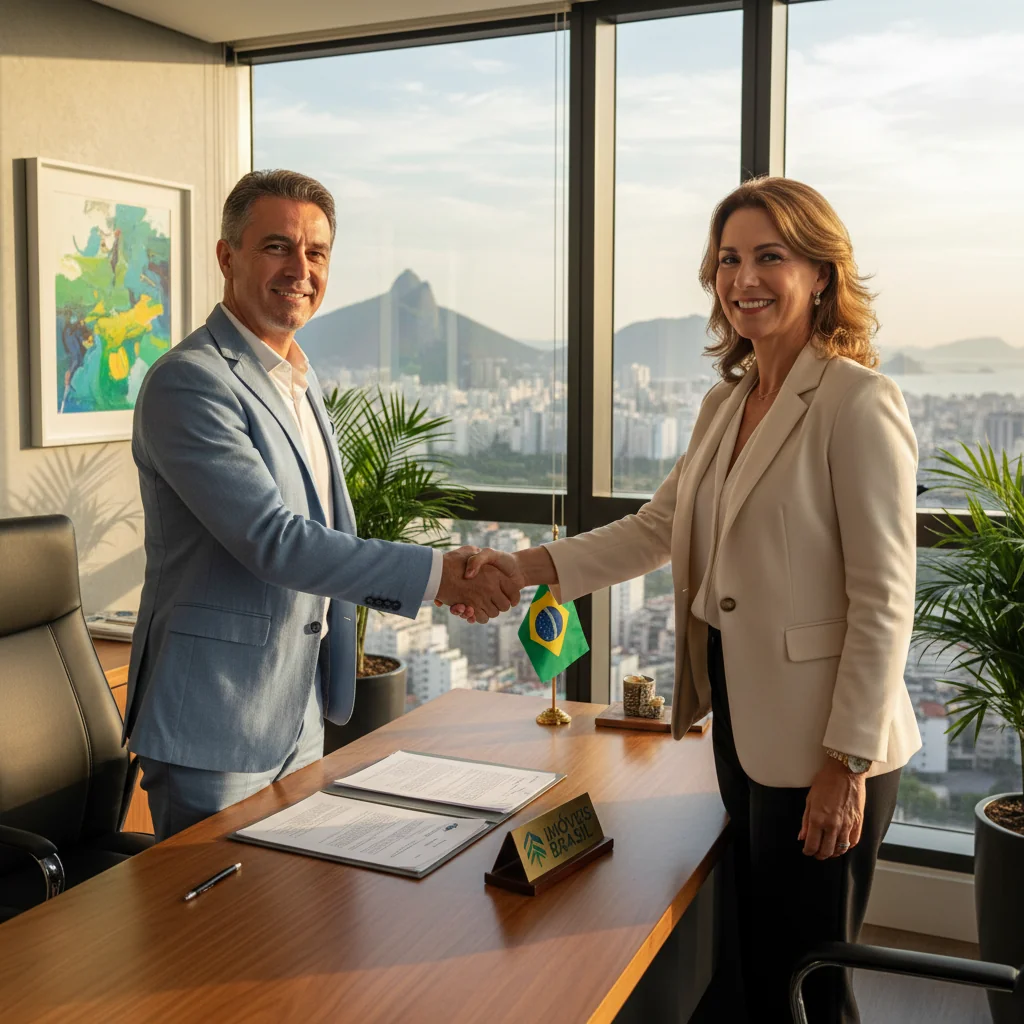 A photorealistic image depicting a professional handshake between two adults sealing a property purchase deal in a modern Brazilian real estate office, symbolizing a contract of purchase and sale, with no children present.