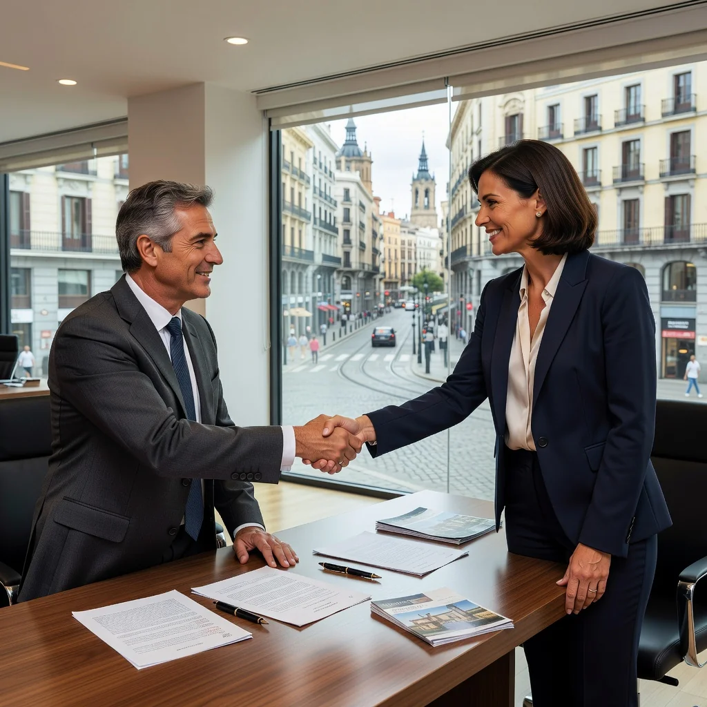 A photorealistic image of two adults shaking hands in a modern Spanish real estate office, symbolizing the agreement in a property sale contract, with a subtle background of a beautiful Spanish cityscape like Madrid or Barcelona, conveying trust and successful transaction without showing any legal documents.