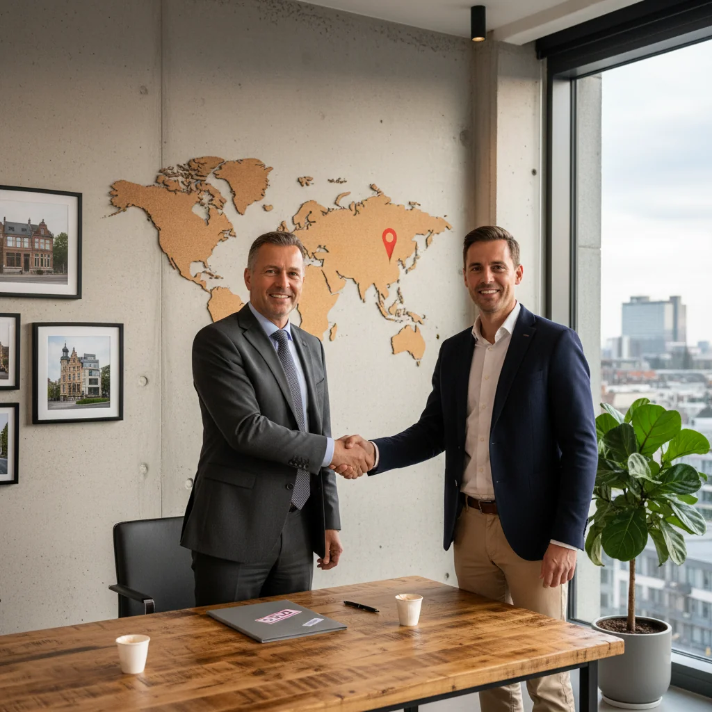 A photorealistic image of a professional real estate agent in a modern Belgian office, shaking hands with a satisfied adult buyer across a desk with a subtle map of Belgium and property photos in the background, symbolizing the promise and agreement in a property sale transaction. The scene conveys trust, negotiation, and the excitement of home buying, with no children present.