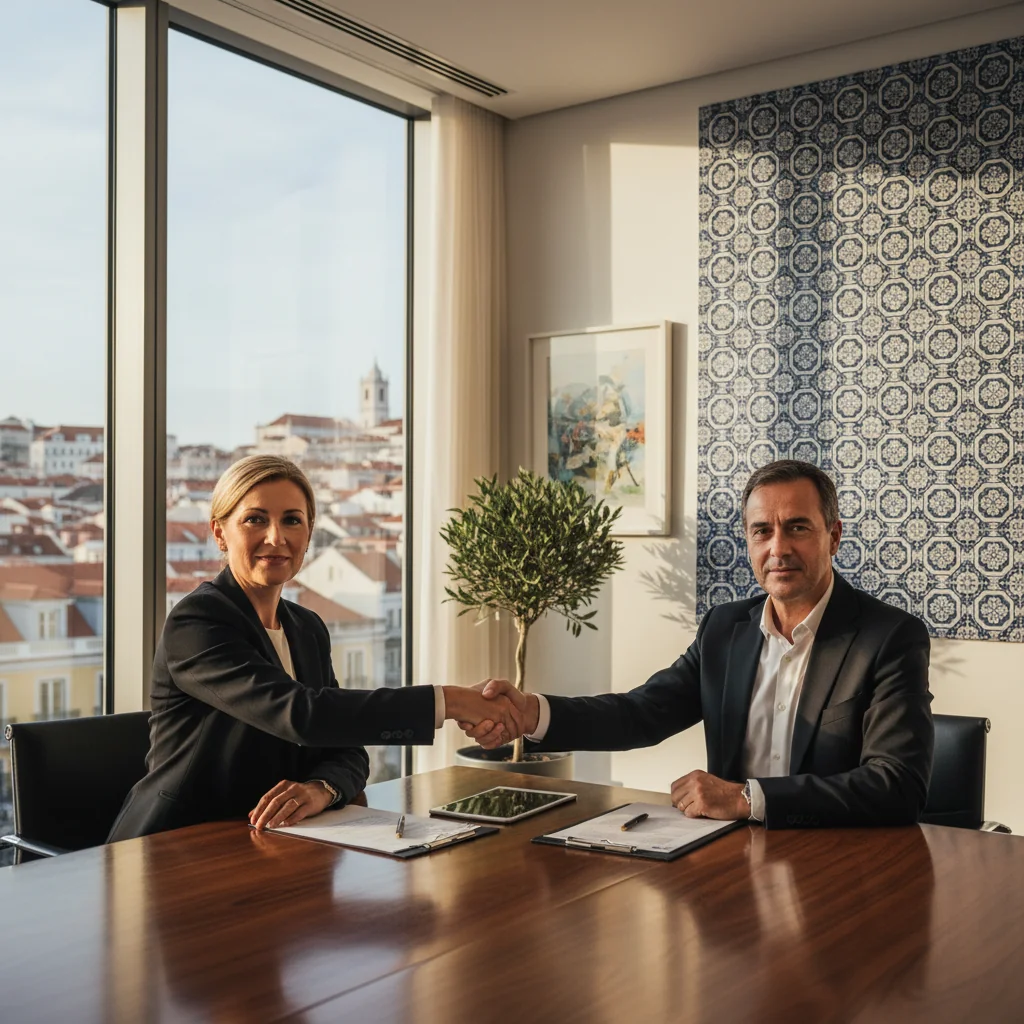 A photorealistic image depicting a professional business handshake between two adults in a modern Portuguese office setting, symbolizing the mutual rights and obligations in a sales contract, with subtle Portuguese cultural elements like a flag or azulejo tiles in the background, conveying trust and agreement without any legal documents visible.