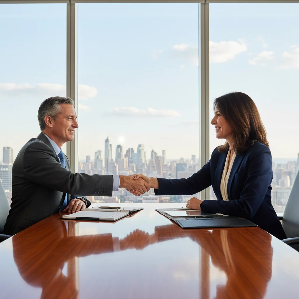A photorealistic image of two professional adults, a buyer and a seller, shaking hands in a modern office setting to symbolize a successful sales agreement, with a subtle background of business elements like a conference table and city skyline, conveying trust and completion of a deal without showing any legal documents.
