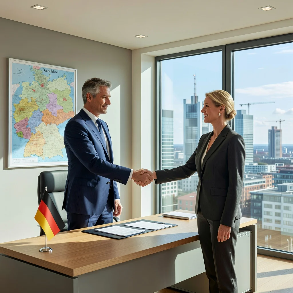 A photorealistic image of a confident adult buyer and seller shaking hands in a modern real estate office in Germany, symbolizing a successful property purchase agreement. The scene includes subtle German elements like a flag or map in the background, conveying trust and professionalism in real estate transactions.
