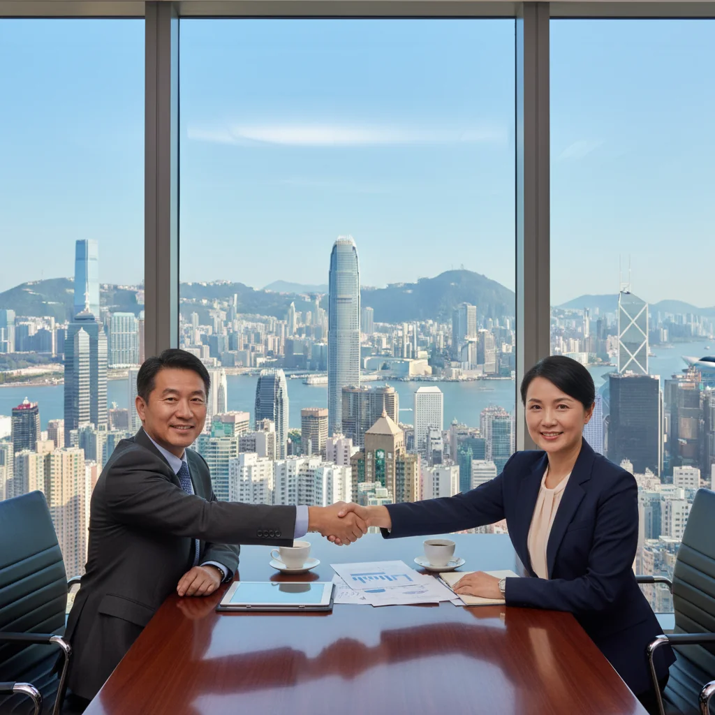 A photorealistic image of two professional adults in a modern Hong Kong office, shaking hands over a conference table with a view of the city skyline including Victoria Harbour in the background, symbolizing a successful business agreement or property transaction, conveying trust and partnership in a real estate or commercial deal context. No children present.