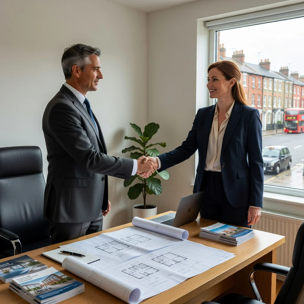A photorealistic image of two professional adults, a buyer and a seller, shaking hands in a modern UK real estate office, symbolizing the agreement in a sale and purchase deal. The scene includes subtle UK elements like a Union Jack flag in the background, with natural lighting and no children present.