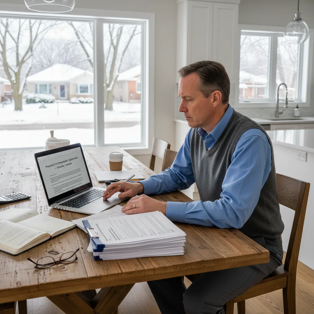 A photorealistic image of a frustrated adult professional reviewing a real estate contract at a kitchen table in a modern Canadian home, with a blurred view of a suburban neighborhood outside the window, symbolizing common pitfalls in real estate agreements.