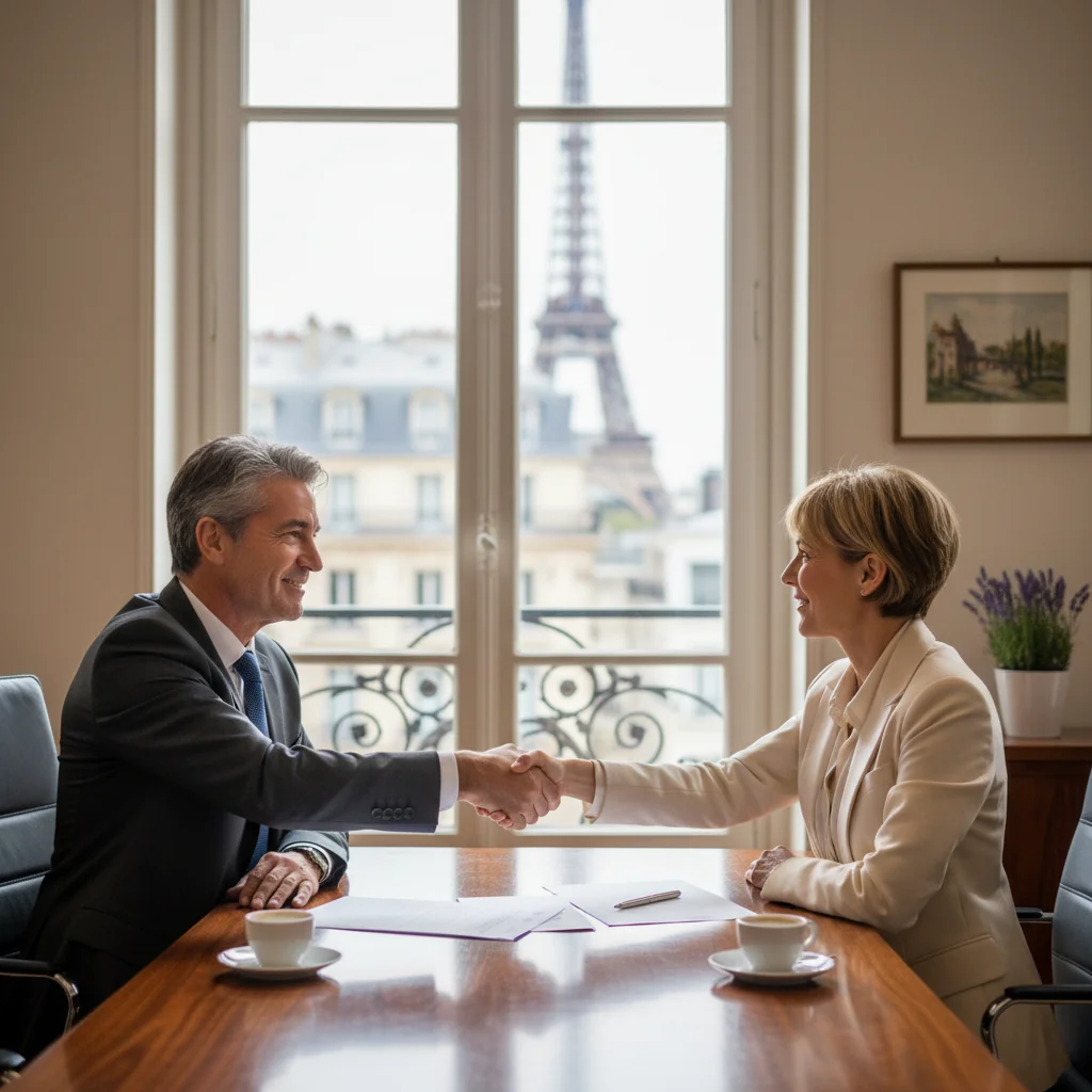 A photorealistic image of two professional adults in a modern French office, shaking hands over a conference table to symbolize a successful business sale agreement, with subtle French elements like a window view of the Eiffel Tower in the background, conveying trust and professionalism in a sales contract context.