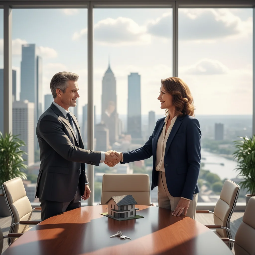 A photorealistic image of two adults shaking hands over a conference table in a modern office, symbolizing a successful real estate transaction agreement, with a subtle background hint of property keys and a city skyline view, conveying trust and professionalism without showing any documents.