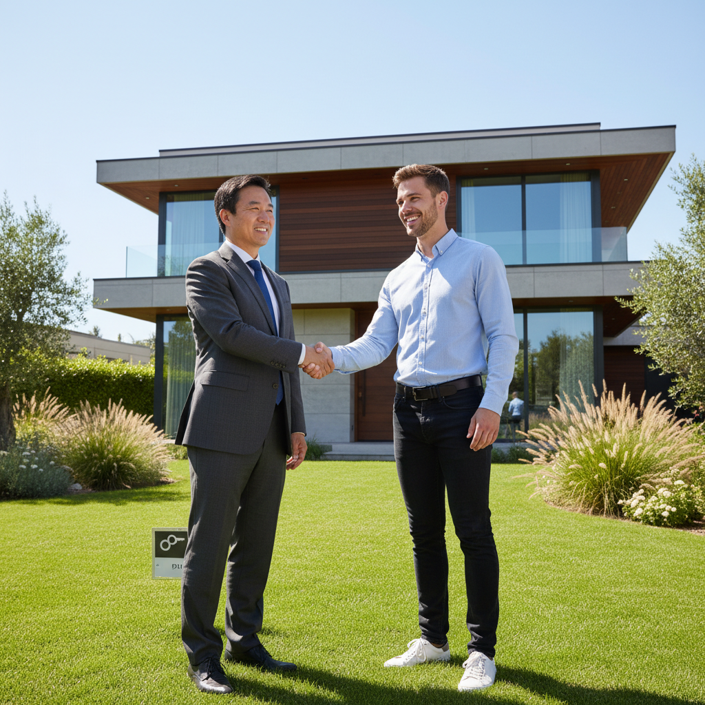A photorealistic image of a professional real estate agent and a satisfied buyer shaking hands in front of a modern suburban house on a sunny day, symbolizing the successful completion of a property purchase agreement.