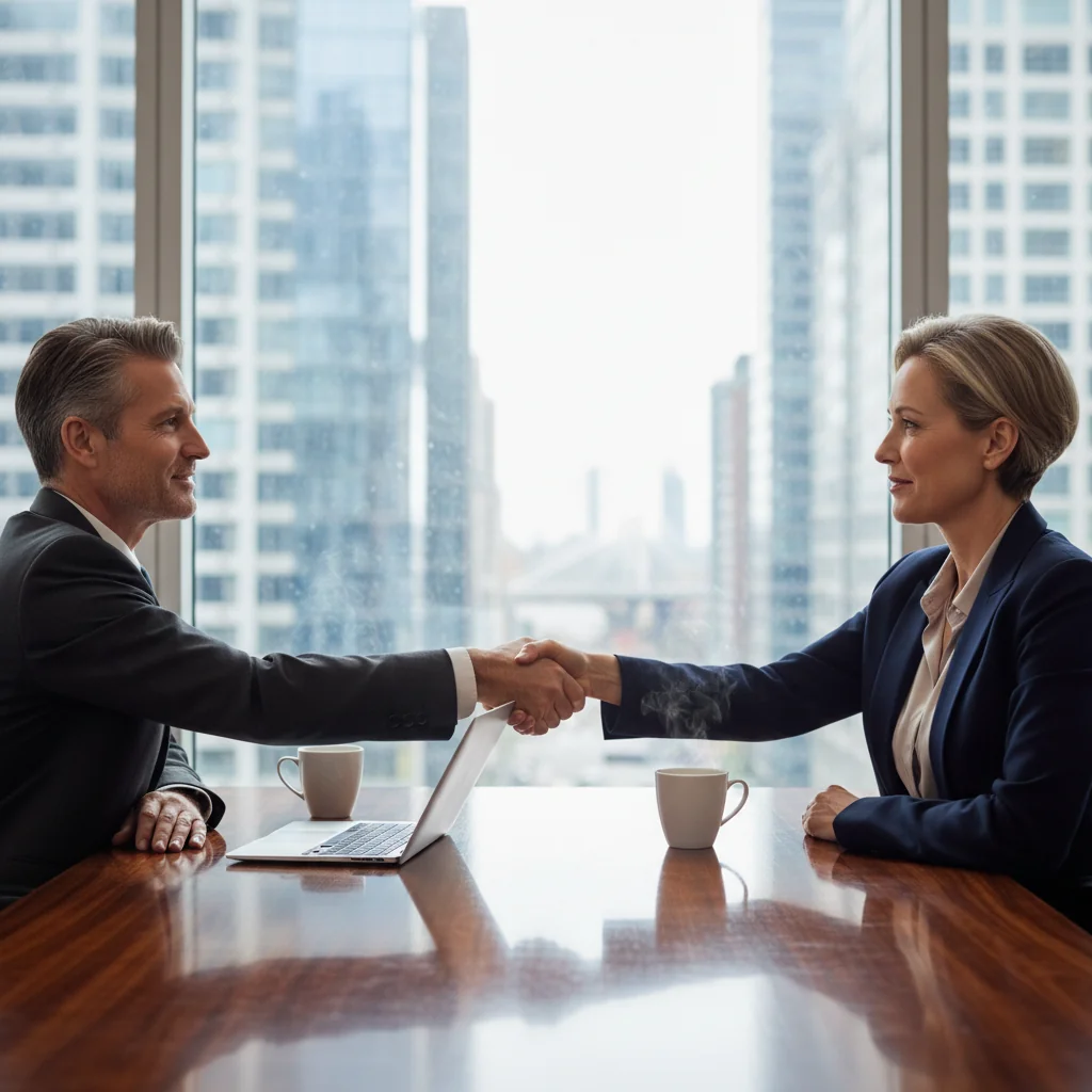 A photorealistic image of two adults in a professional setting shaking hands over a conference table, symbolizing a successful business agreement or purchase deal, with a modern office background including subtle elements like product samples or a city skyline view, conveying trust and partnership in a sales transaction.