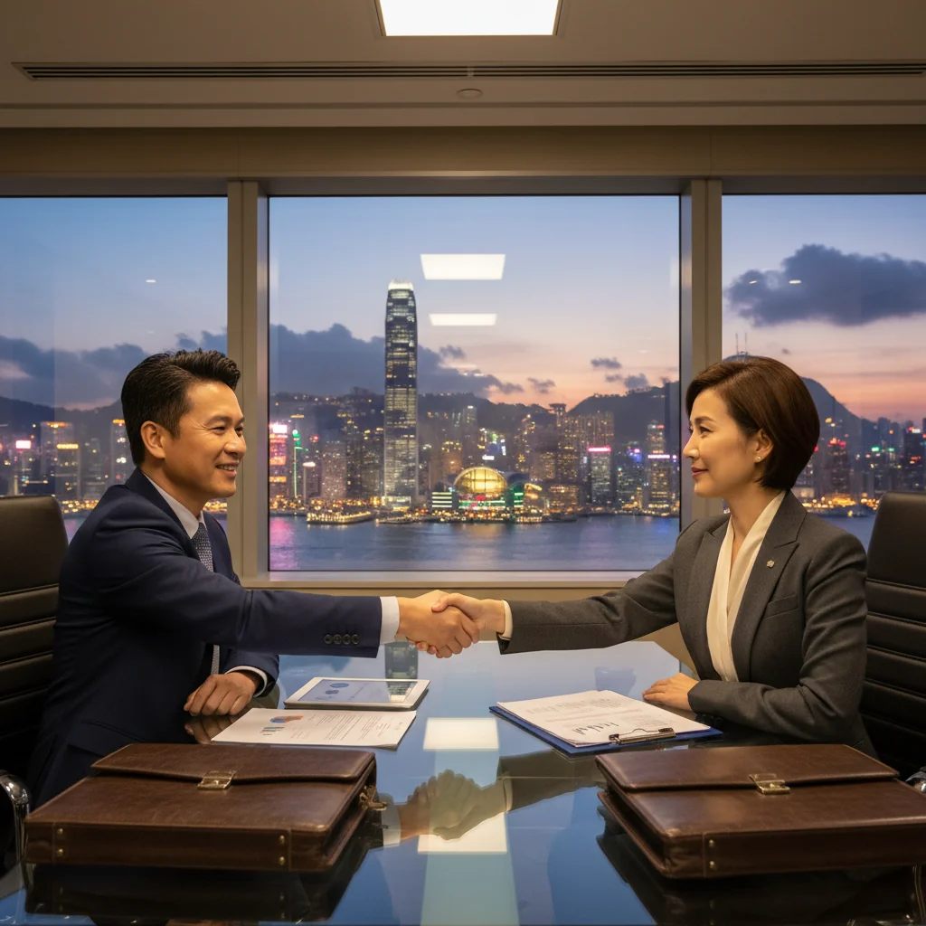 A photorealistic image of two professional adults in a modern Hong Kong office, shaking hands over a conference table with a skyline view of Victoria Harbour in the background, symbolizing a business agreement and transaction, no legal documents visible, no children present.