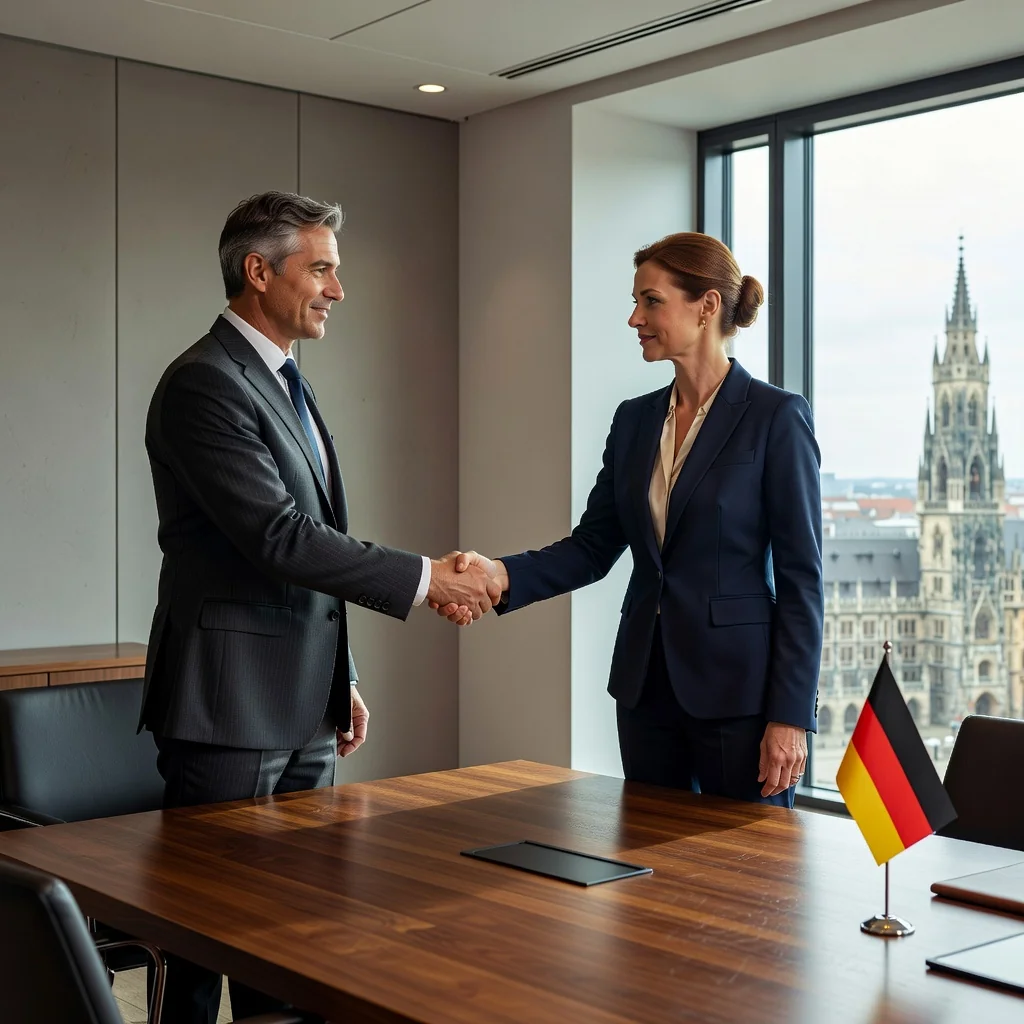 A photorealistic image of two adults shaking hands over a conference table in a modern German office, symbolizing the agreement and trust in a purchase contract, with subtle German elements like a flag or architecture in the background.