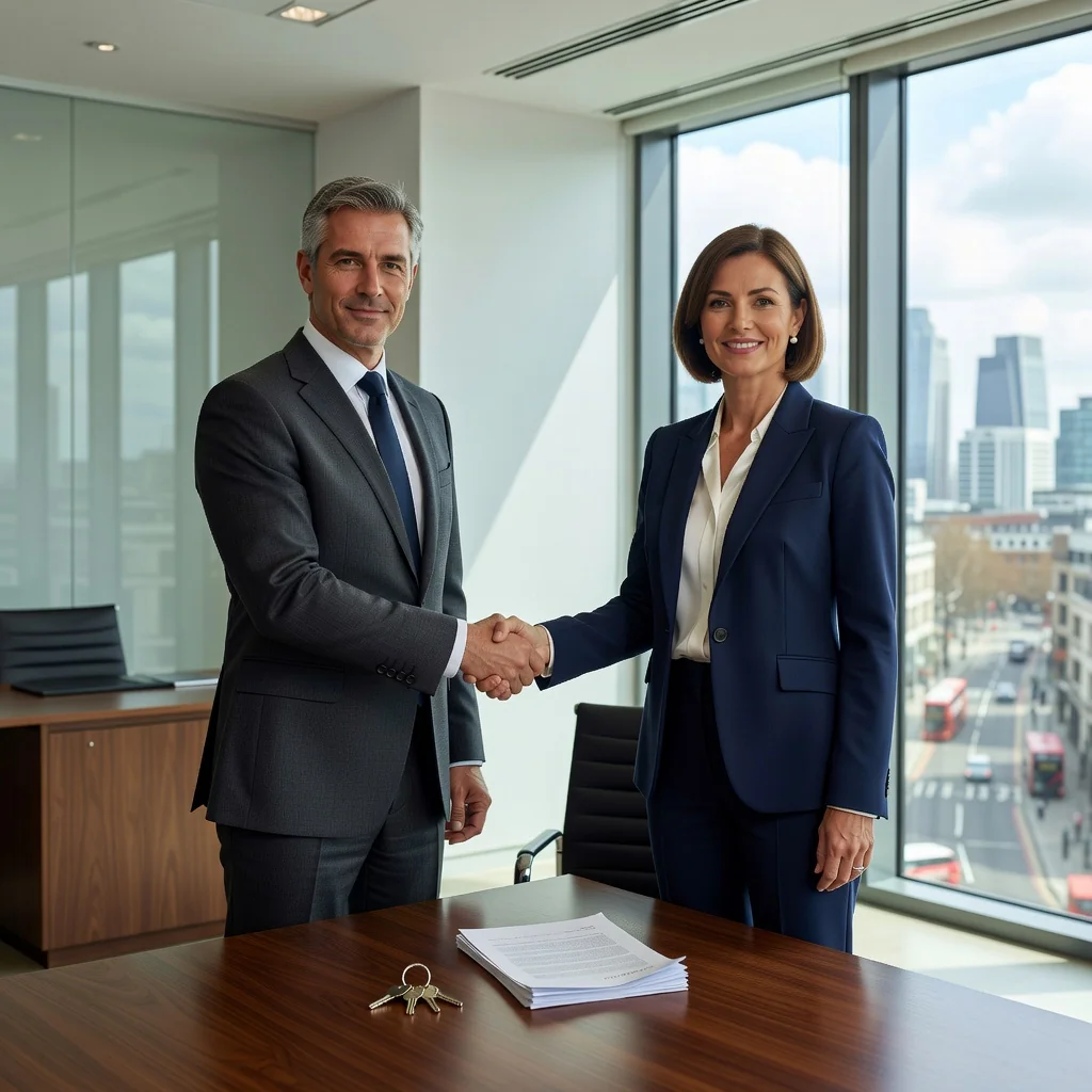 A photorealistic image of two professional adults shaking hands in a modern UK real estate office, symbolizing the agreement in a property sale and purchase, with a subtle background of a house key and a contract on a desk, no children present.
