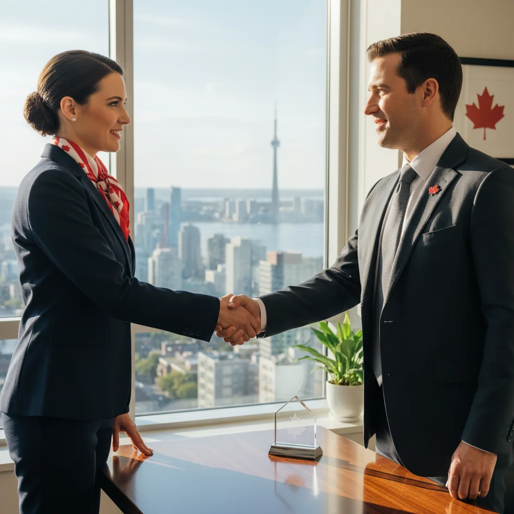 A photorealistic image of two adults shaking hands in a modern Canadian real estate office, with a city skyline visible through the window, symbolizing the agreement of purchase and sale for property in Canada. No children are present.