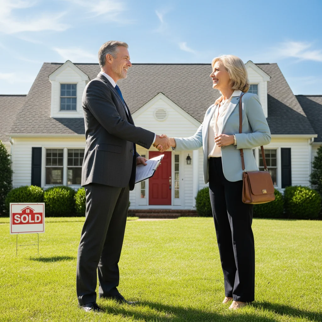 A photorealistic image of two professional adults, a real estate agent and a homebuyer, shaking hands in front of a modern house with a 'Sold' sign in the yard, symbolizing a successful property transaction in the United States.