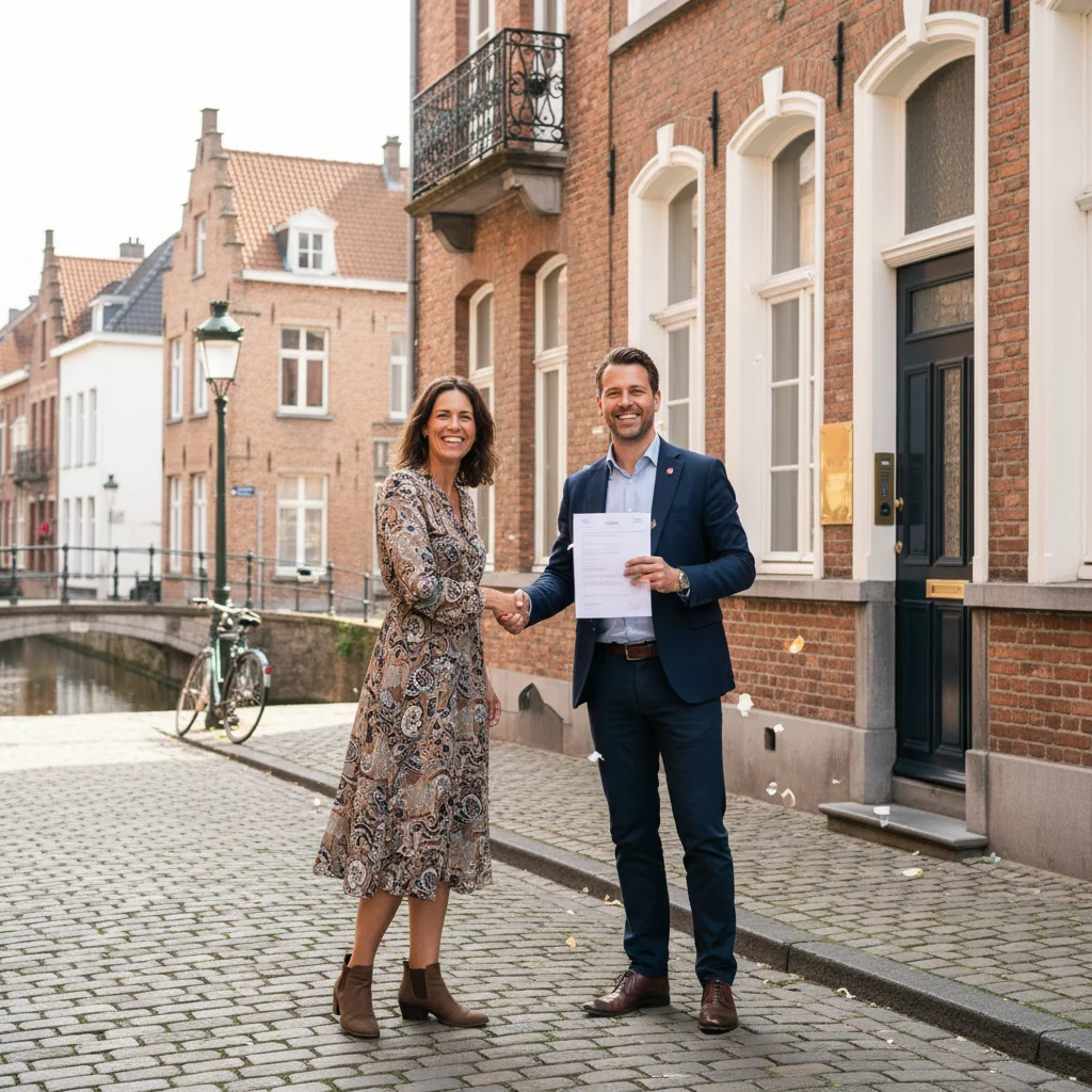 A photorealistic image of a joyful adult couple standing outside a charming Belgian townhouse, shaking hands with a real estate agent in a business suit, symbolizing the excitement of agreeing to a property purchase promise, with typical Belgian architecture in the background like brick facades and cobblestone streets, under a clear blue sky. No children are present in the image.