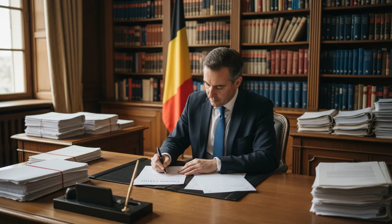 Belgian notary signing legal document
