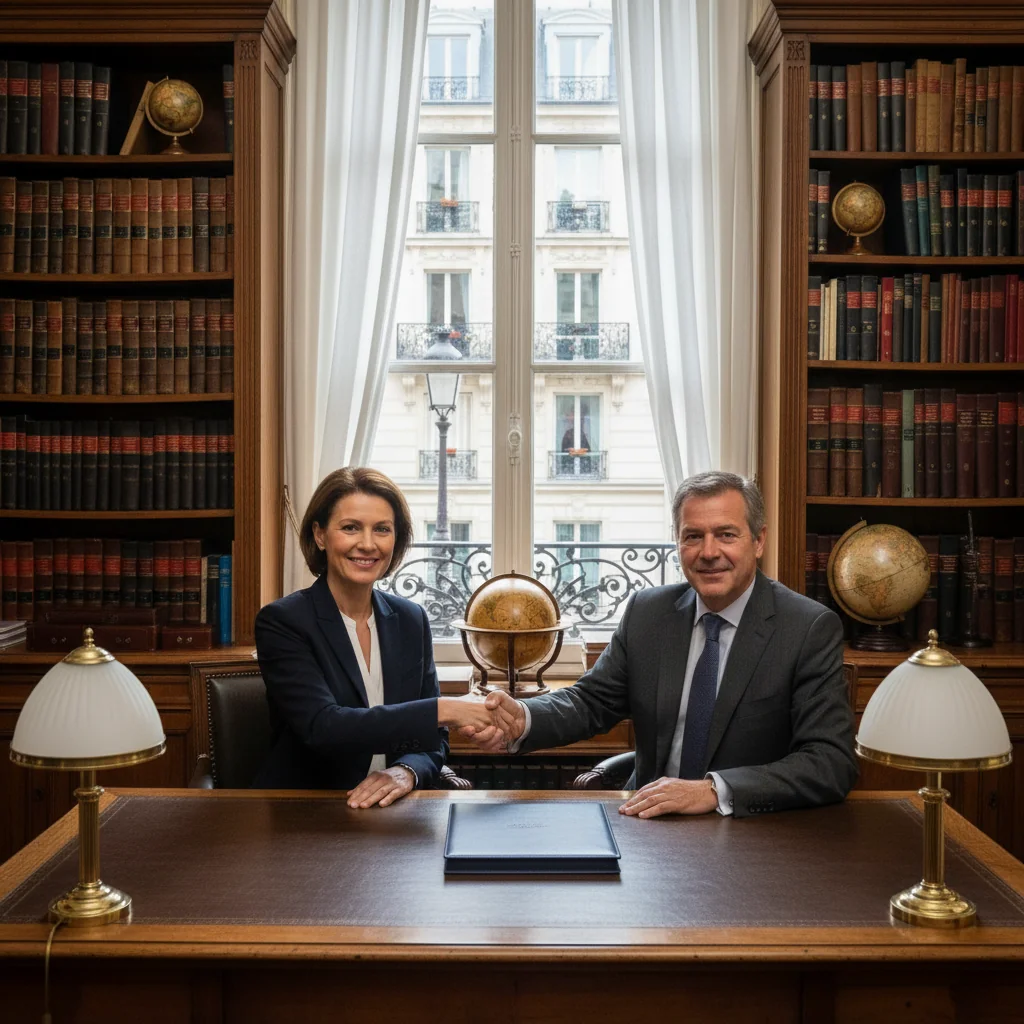A photorealistic image depicting a professional real estate transaction in France, showing two adults shaking hands in a modern notary office with French architectural elements in the background, symbolizing a successful property sale agreement.