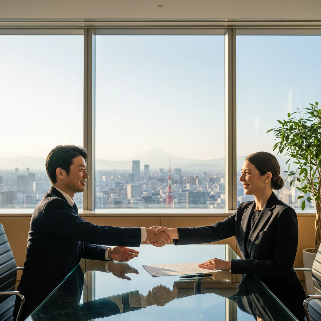 A professional business meeting in a modern Japanese office where two adults are shaking hands over a table, symbolizing the agreement and trust in a sales contract, with subtle Japanese elements like a city skyline view, photorealistic style.