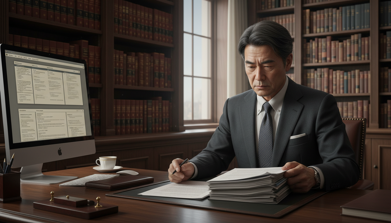 Japanese lawyer reviewing papers