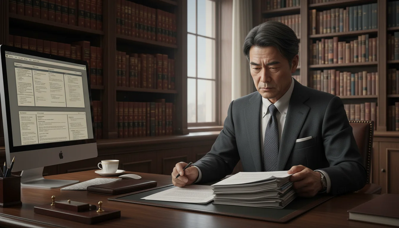 Japanese lawyer reviewing papers