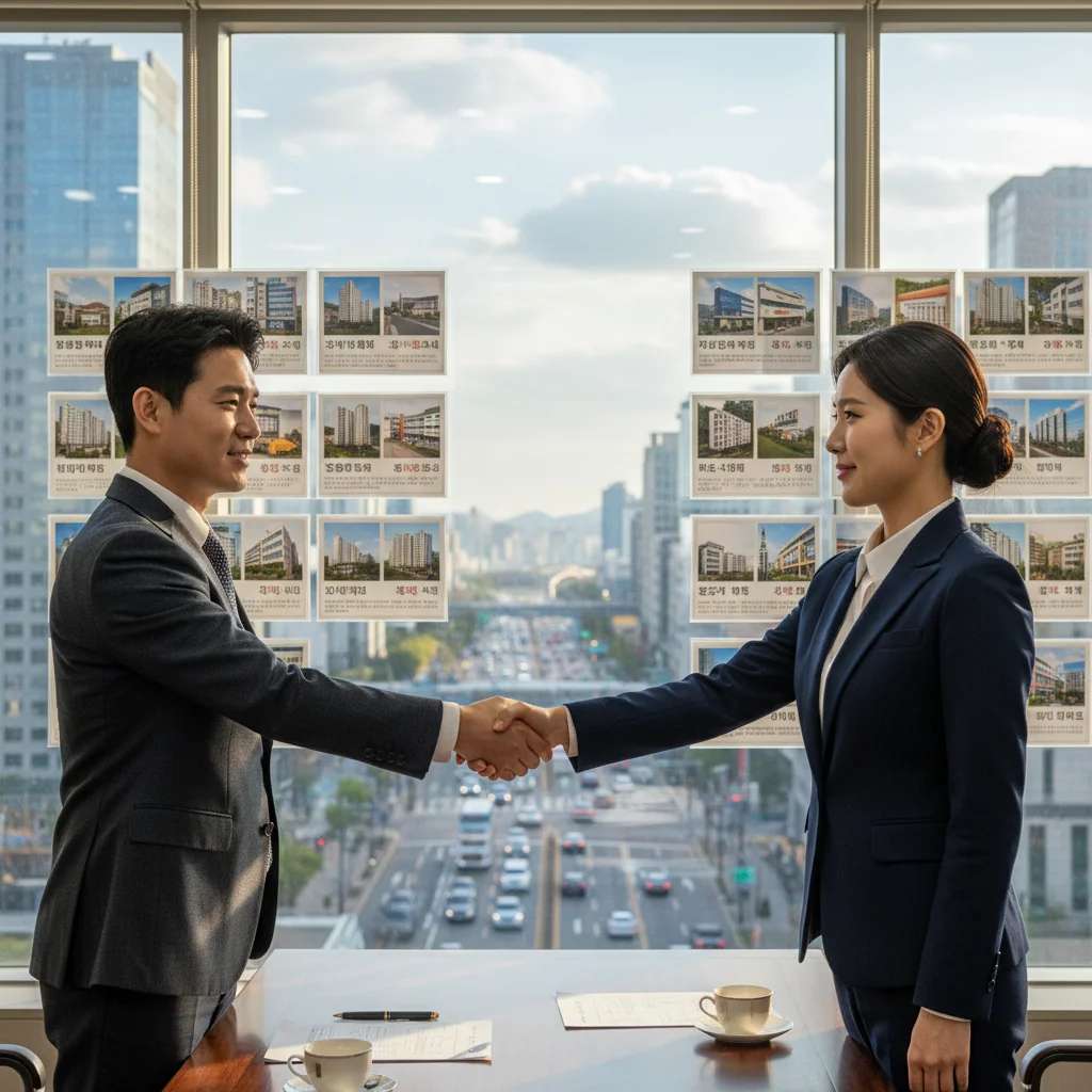 A photorealistic image of two adults shaking hands in a modern South Korean real estate office, symbolizing the agreement and trust in a property sale contract, with a subtle city skyline view in the background, conveying professionalism and legal assurance.