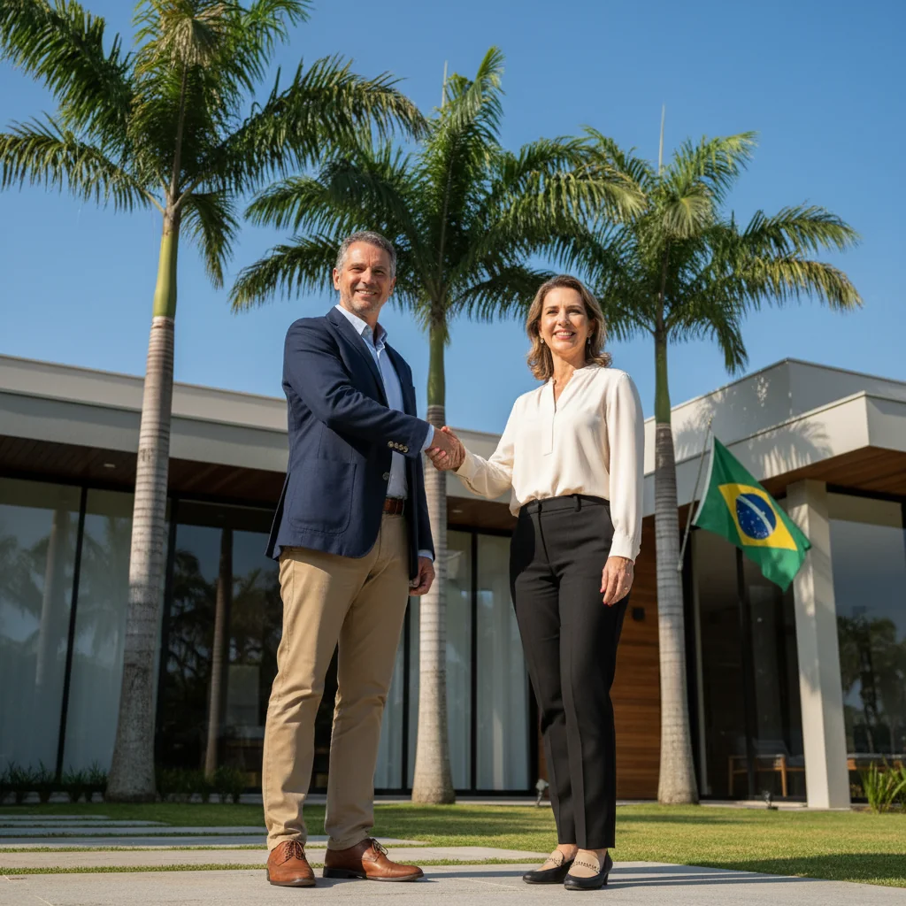 A photorealistic image depicting a professional real estate transaction in Brazil, showing two adults shaking hands in front of a modern house with Brazilian flag in the background, symbolizing a successful purchase and sale agreement.