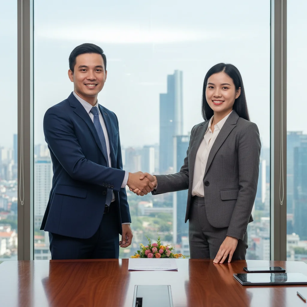 A photorealistic image of two Vietnamese adults in a modern office setting, shaking hands over a conference table with a subtle Vietnamese flag in the background, symbolizing a successful business agreement and partnership, no documents visible.