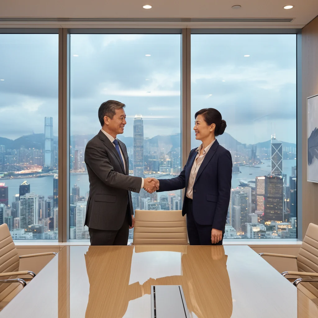 A photorealistic image of two professional adults in a modern Hong Kong office, shaking hands over a business deal, symbolizing the agreement in a sales contract, with the city skyline visible through the window, no children present.