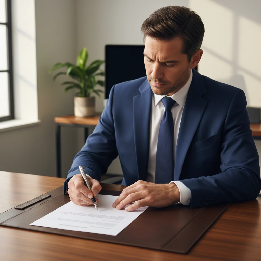 A photorealistic image of an adult professional in a formal office setting, holding a pen over a blank document on a desk, symbolizing the preparation and signing of an affidavit, with a serious and focused expression, no children present, highly detailed and realistic.