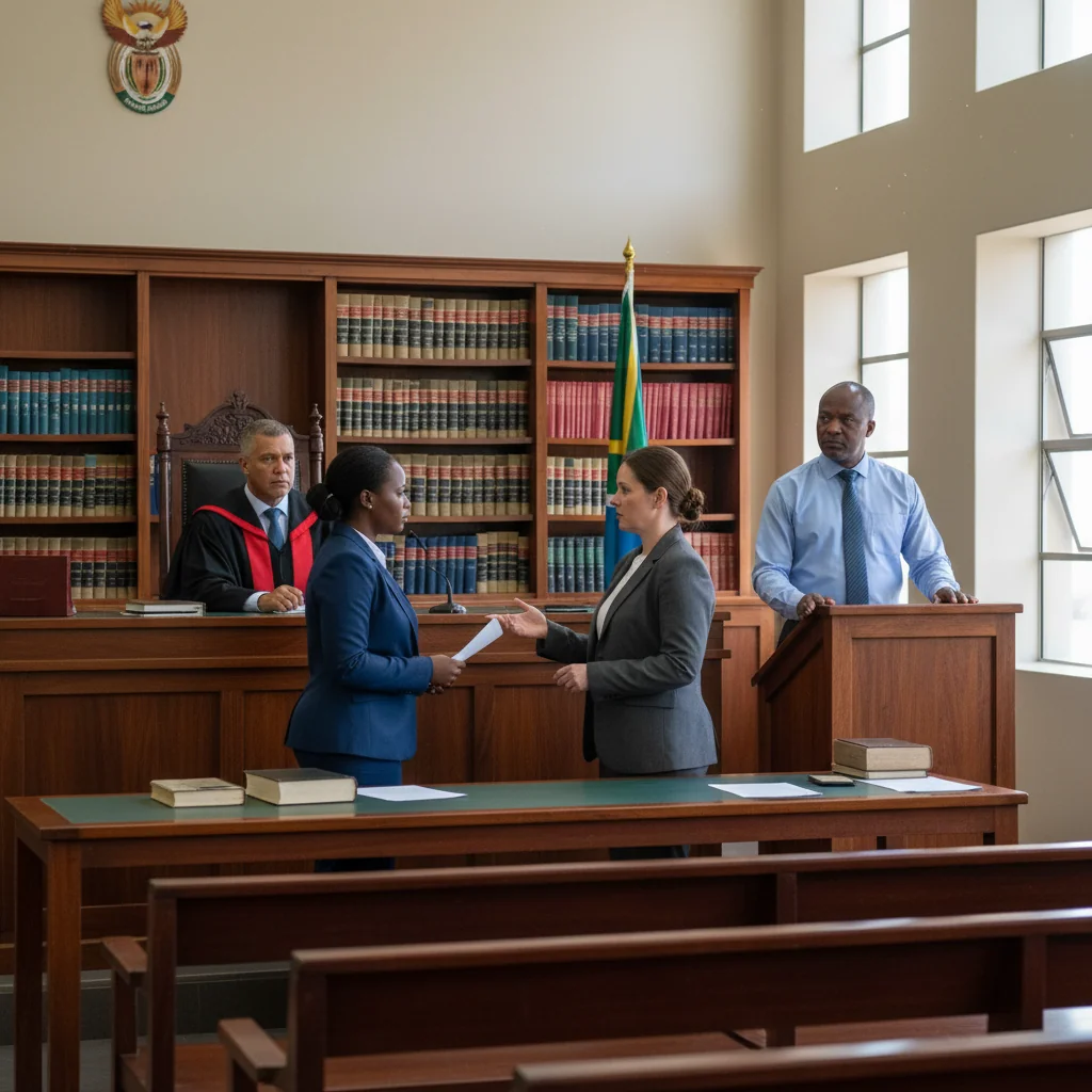 A professional courtroom scene in South Africa, featuring a diverse group of adult lawyers and a judge in session, discussing legal matters seriously at a wooden bench, with South African flag in the background, conveying trust and justice in legal proceedings.