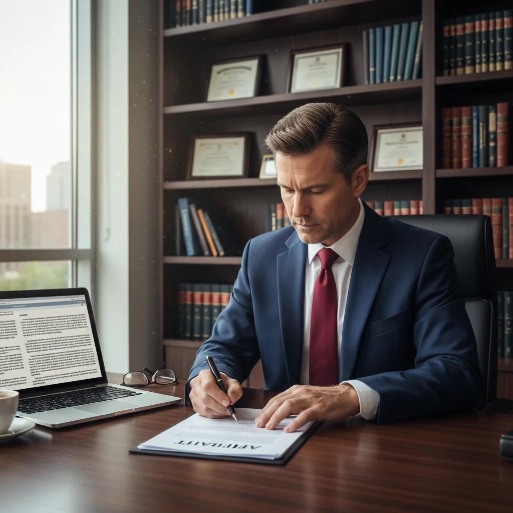 A photorealistic image of a professional adult lawyer in a modern office, carefully reviewing and signing legal documents on a desk, symbolizing the process of drafting and filing affidavits. The scene conveys trust, professionalism, and legal integrity, with no children present.