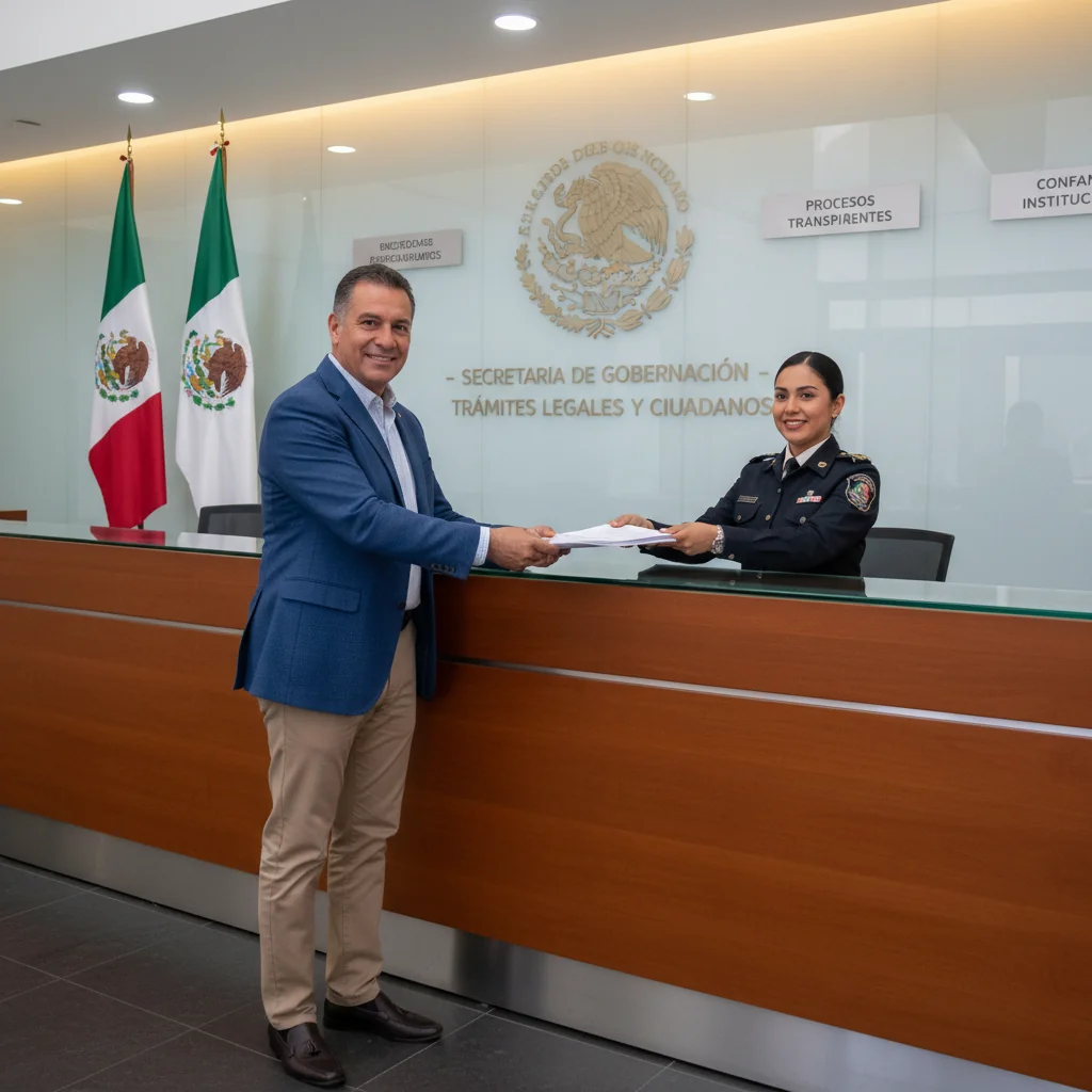 A photorealistic image of a professional adult Mexican citizen confidently submitting official paperwork at a government administrative office counter in Mexico City, symbolizing the completion of bureaucratic procedures and legal affirmations without showing any documents or children.
